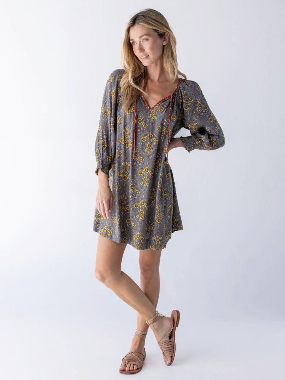 Natural Life April Mini Dress - Grey Yellow Scrolls